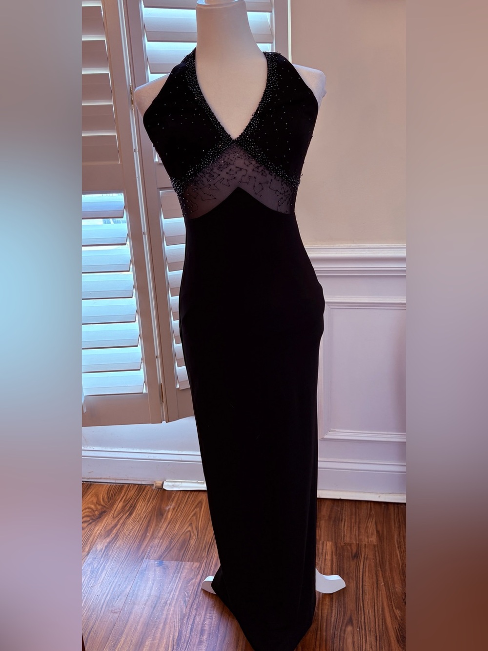 Blondie Nites Black Beaded Halter-Style Maxi Gown